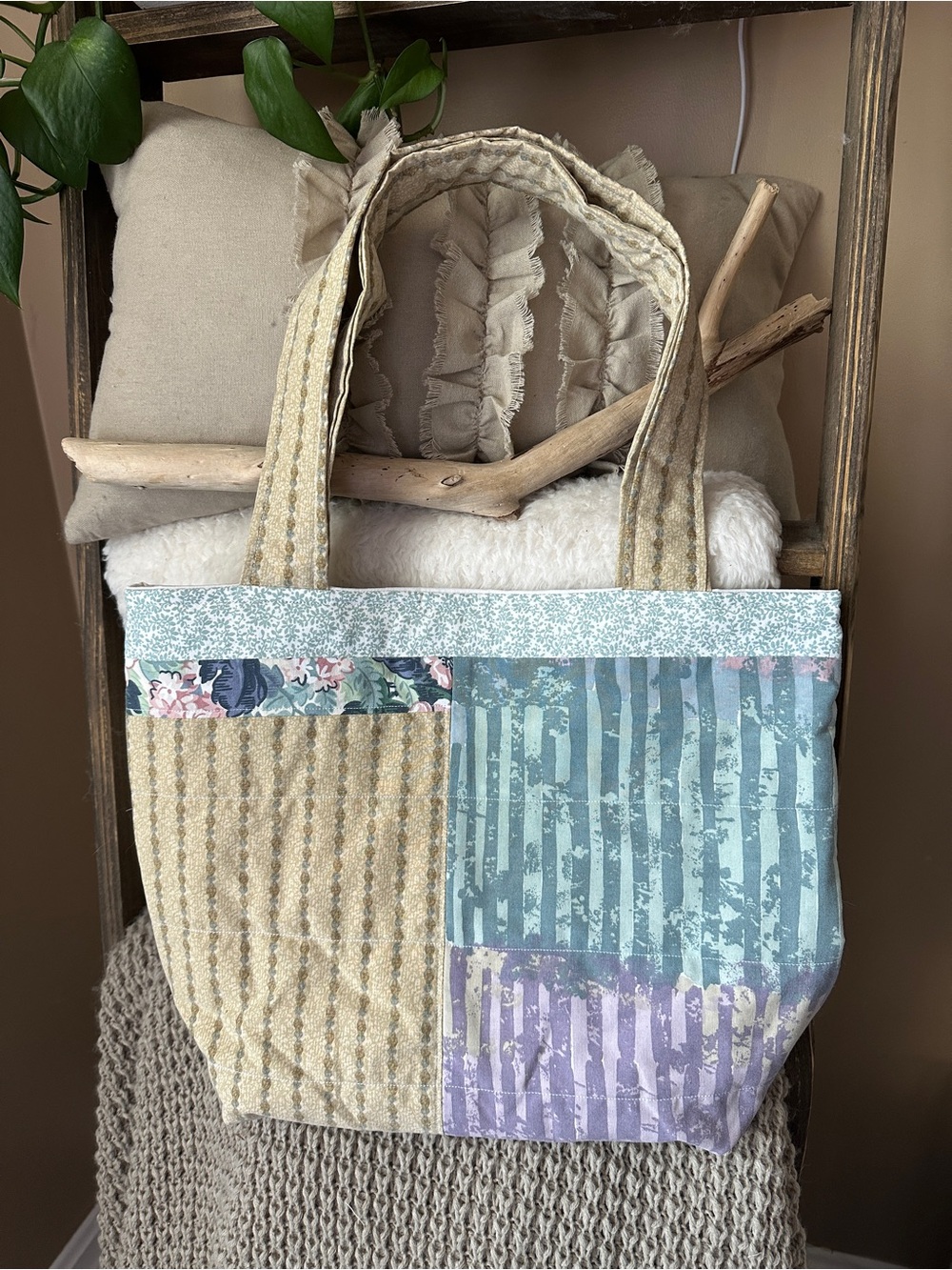 Handmade Patchwork Tote Bag in Blue, Lavender & Cream